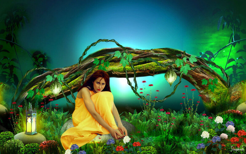 Woman in Yellow Dress — Green, Serene, Night