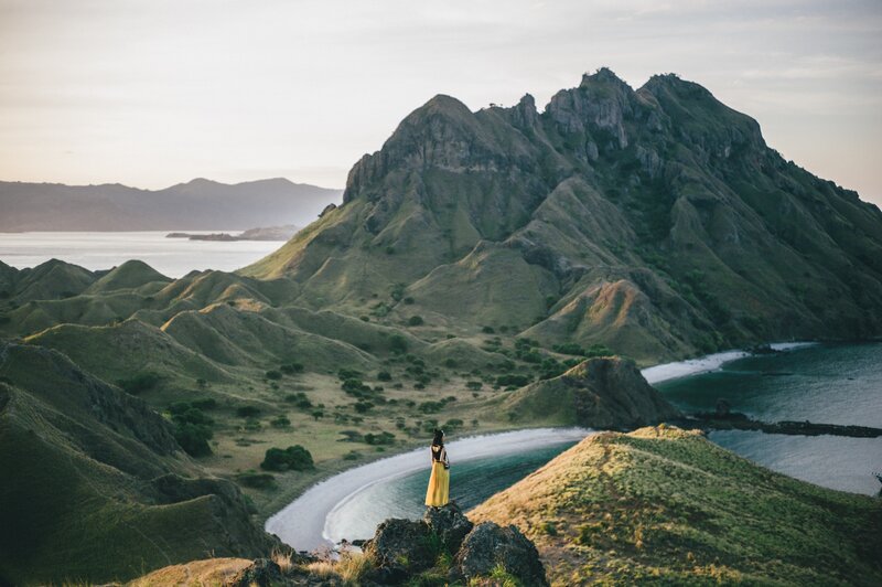 Woman in Yellow Dress — Green, Serene, Sunset, Photograph