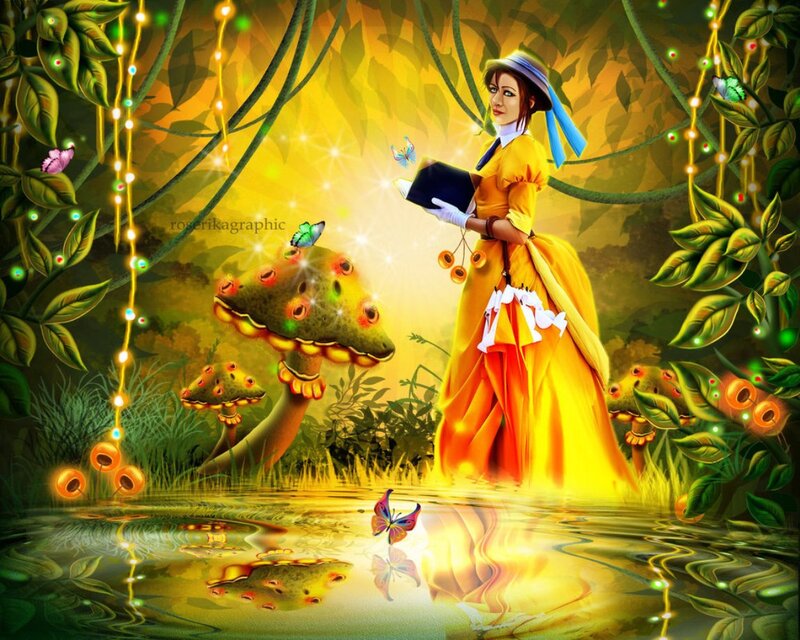 Woman in Yellow Dress — Magical, Night, Digital Art