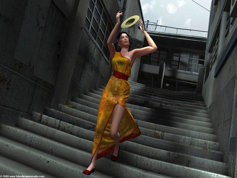 Woman in yellow dress on stairs