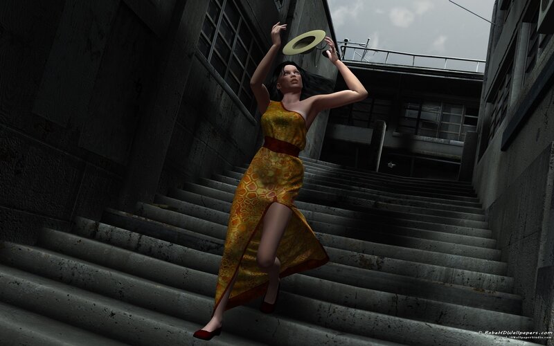 woman in yellow dress on stairs