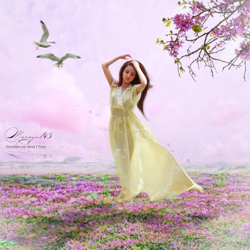 Woman in Yellow Dress — Purple, Serene, Spring