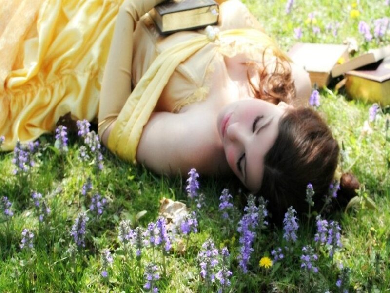 Woman in Yellow Dress — Serene, Afternoon, Photograph, Books, Flowers