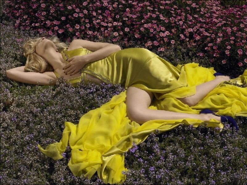 Woman in Yellow Dress — Serene, Afternoon, Photograph, Flowers