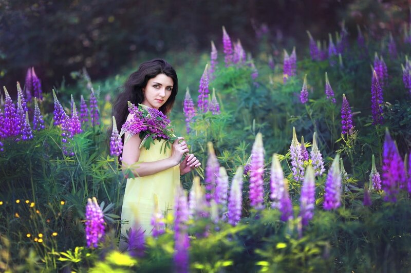 Woman in Yellow Dress — Serene, Afternoon, Photograph, Purple Flowers