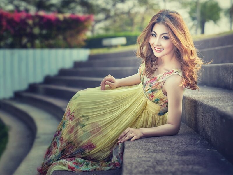 Woman in Yellow Dress — Serene, Afternoon, Photograph, Stairs