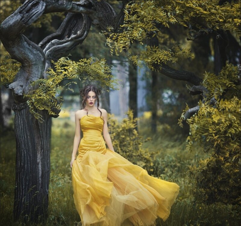 Woman in Yellow Dress — Serene, Afternoon, Photograph, Tree, Forest