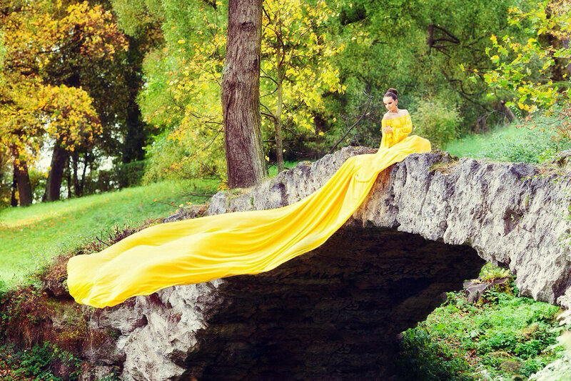 Woman in Yellow Dress — Serene, Autumn, Photograph, Bridge