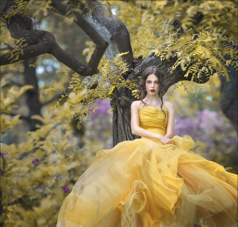 Woman in Yellow Dress — Serene, Autumn, Photograph, Tree