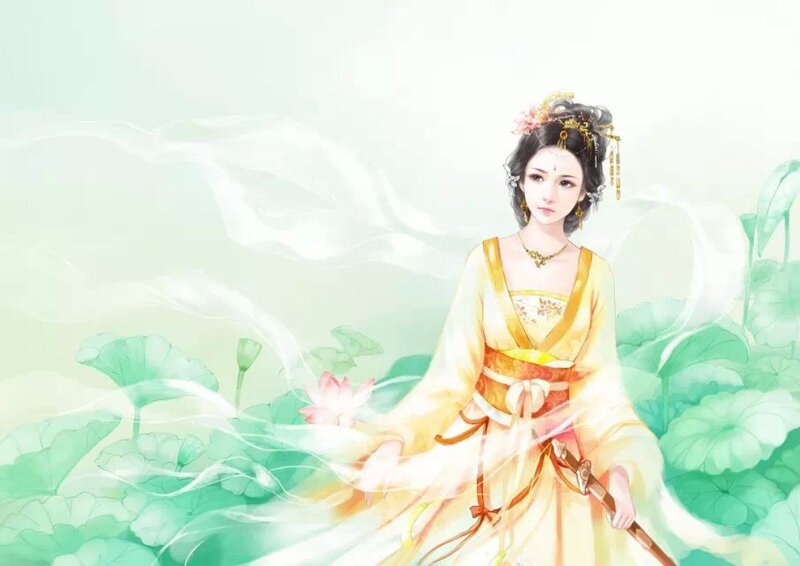 Woman in Yellow Dress — Serene, Digital Art, Lotus Flowers