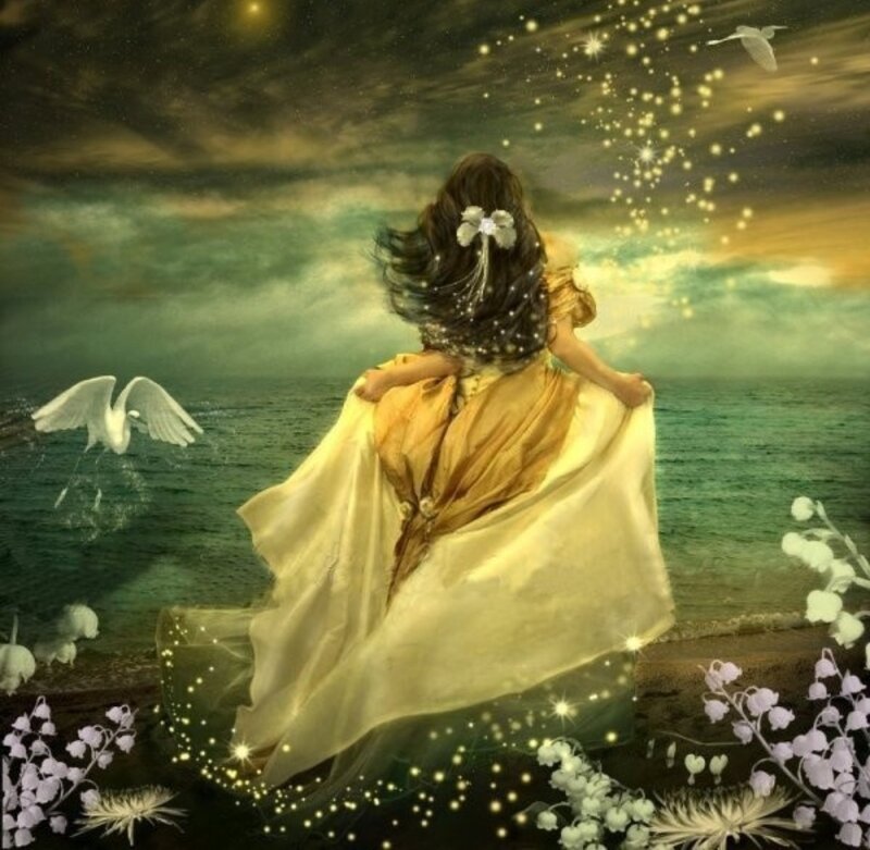 Woman in Yellow Dress — Serene, Night, Digital Art