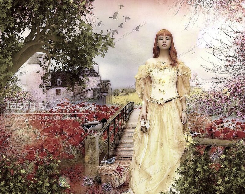Woman in Yellow Dress — Serene, Spring, Digital Art, Bridge