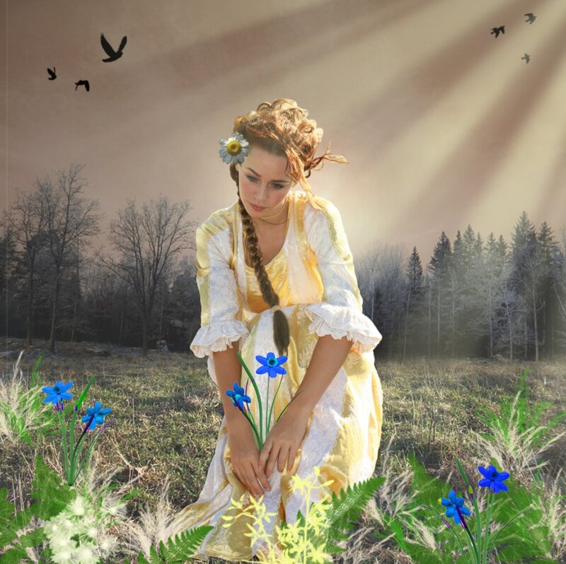 Woman in Yellow Dress — Serene, Spring, Digital Art