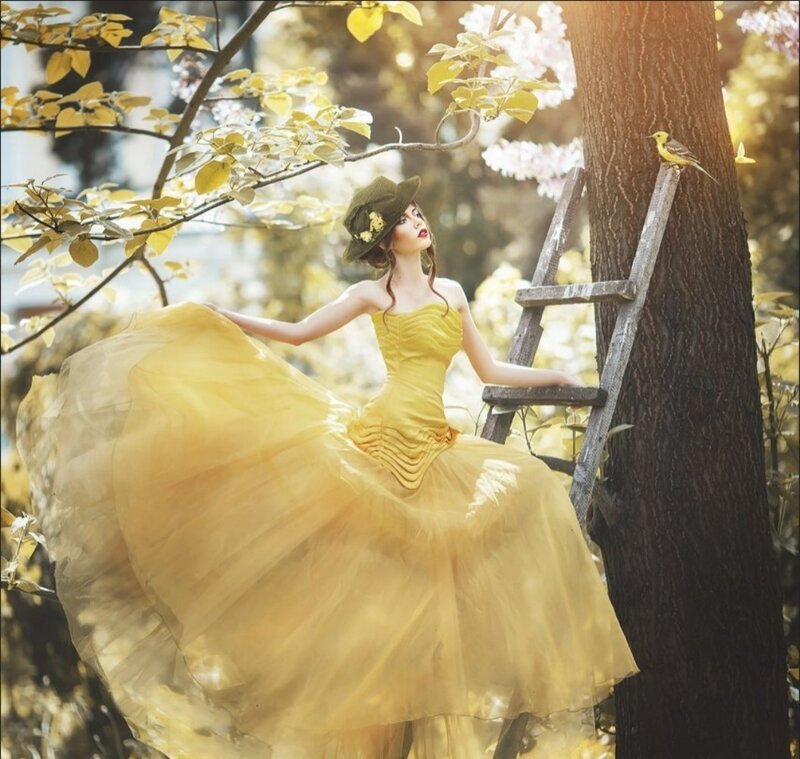 Woman in Yellow Dress — Serene, Spring, Photograph, Bird