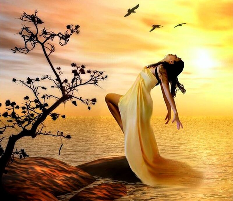 Woman in Yellow Dress — Serene, Sunset, Digital Art, Tree