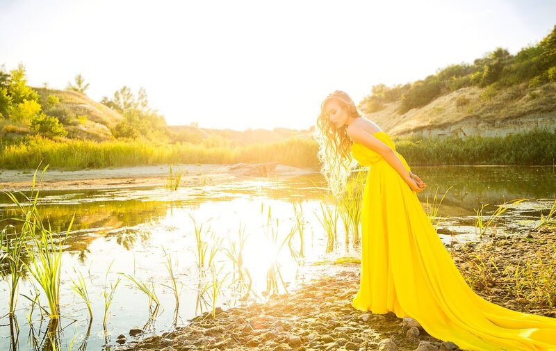 Woman in Yellow Dress — Serene, Sunset, Photograph, Pond