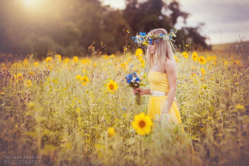 Woman in Yellow Dress — Serene, Sunset, Photograph, Sunflowers