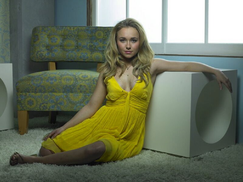 Woman in yellow dress sitting on floor