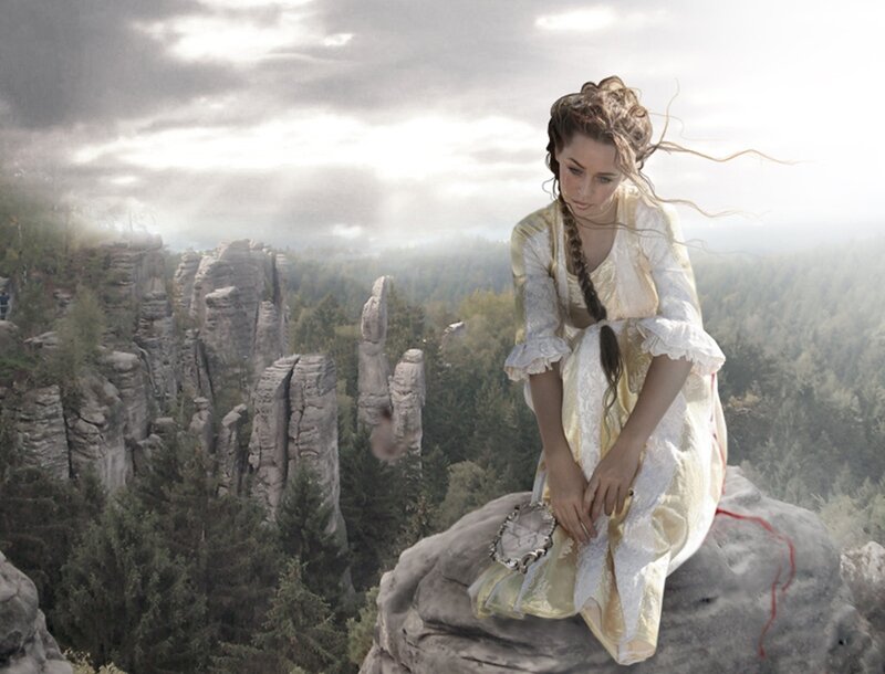Woman in Yellow Dress — White, Dramatic
