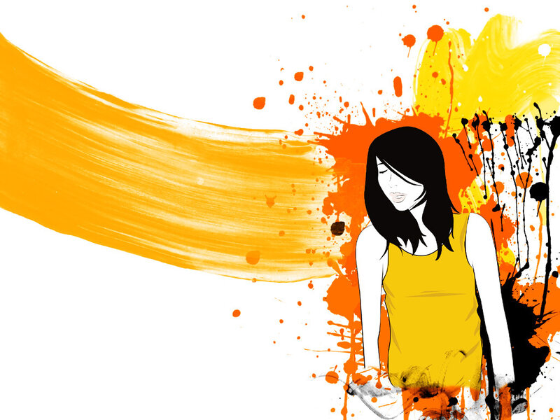 woman in yellow dress with paint splatters