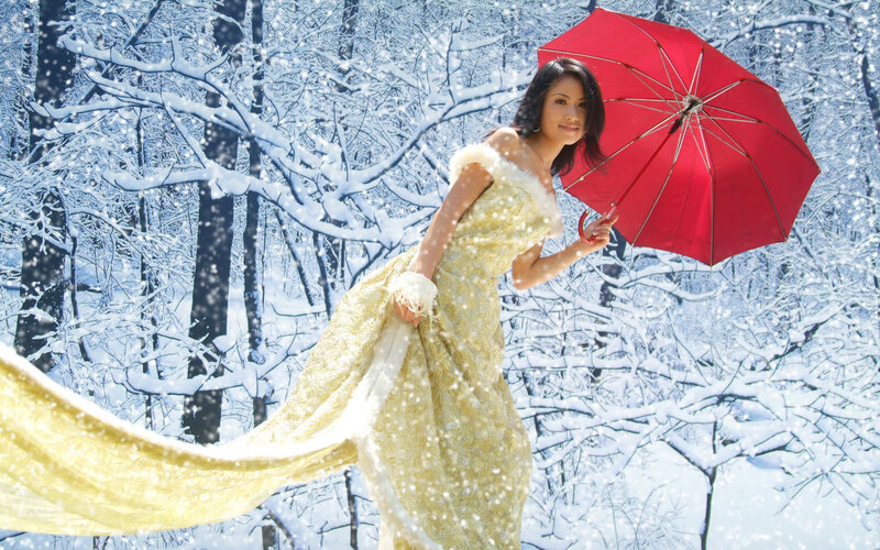 woman in yellow dress with red umbrella