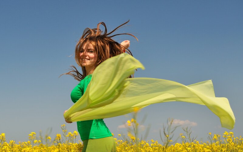 Woman in Yellow Field — Joyful, Afternoon, Photograph