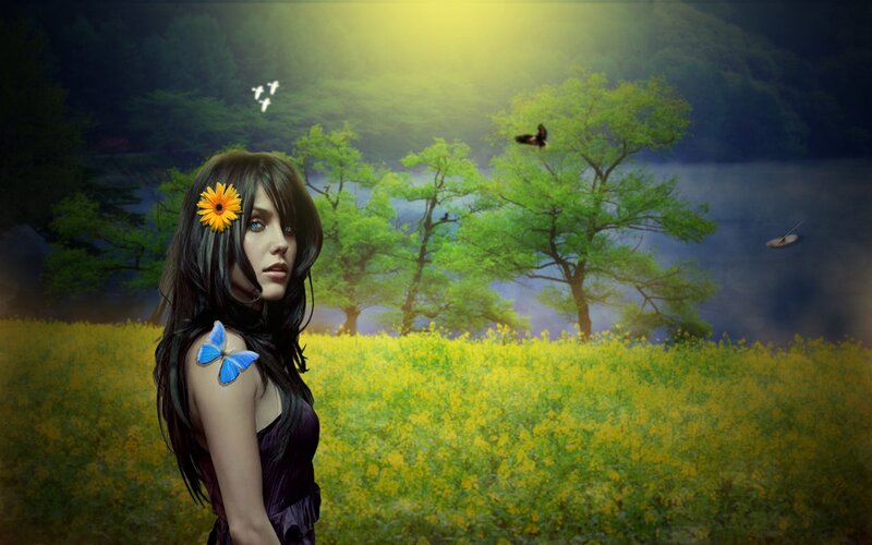 Woman in Yellow Field — Serene, Afternoon, Digital Art