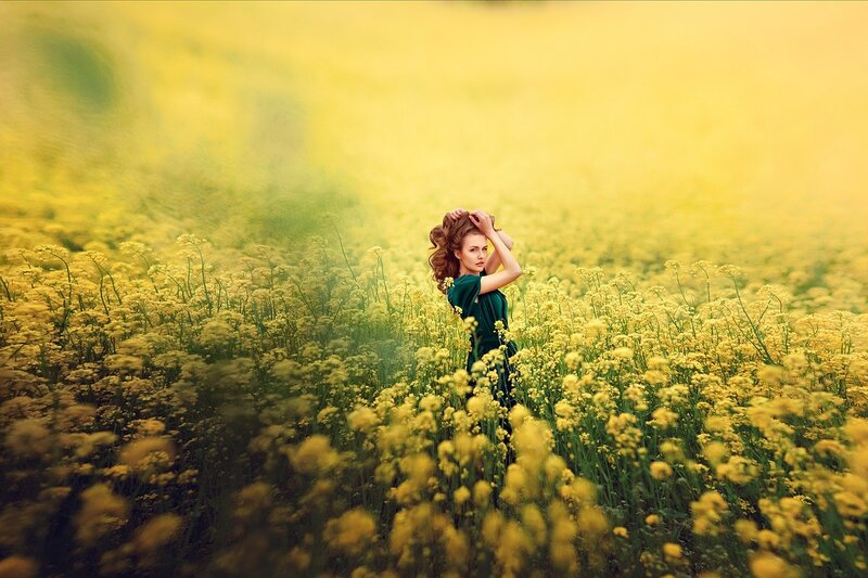 Woman in Yellow Field — Serene, Afternoon, Photograph, Yellow Flowers, Green Dress