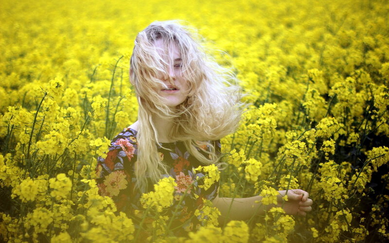 Woman in Yellow Field — Serene, Spring, Photograph