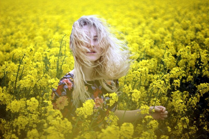 woman in yellow flower field