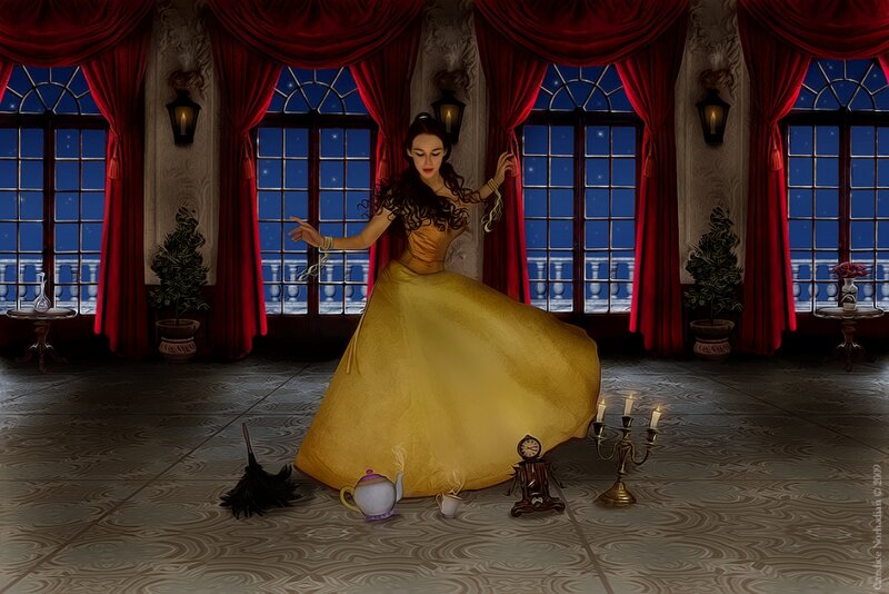 Woman in Yellow Gown — Dramatic, Night, Digital Art, Candelabra