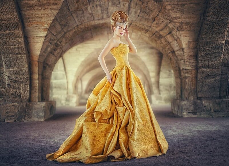 Woman in Yellow Gown — Dramatic, Photograph, Stone Arches