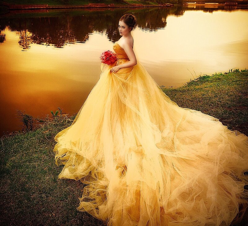 Woman in Yellow Gown — Dramatic, Sunset