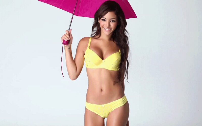woman in yellow lingerie with pink umbrella