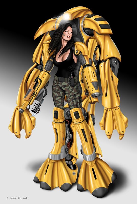 woman in yellow mech suit