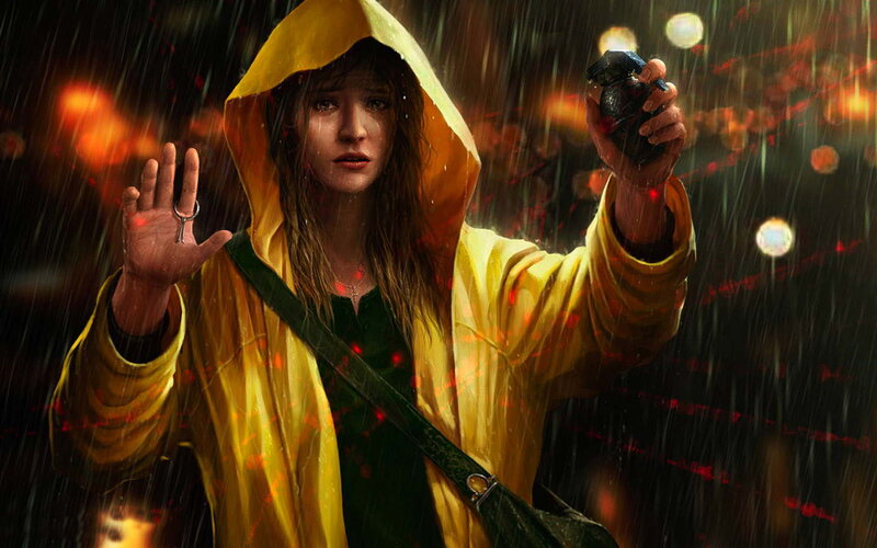 Woman in Yellow Raincoat — Dramatic, Tense, Night