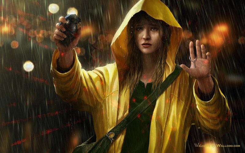 woman in yellow raincoat holding grenade