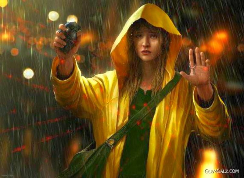 woman in yellow raincoat holding grenade