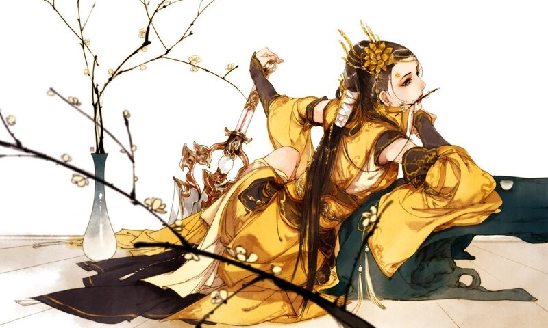 woman in yellow robe with sword