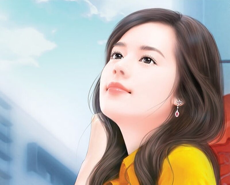 woman in yellow shirt looking up
