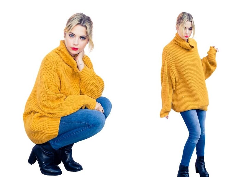 Woman in Yellow Sweater — Confident, Photograph, Jeans