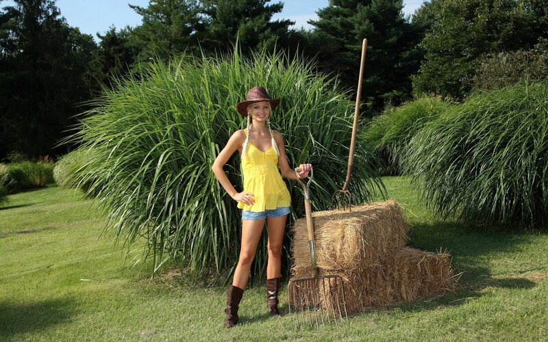 woman in yellow with hay bale