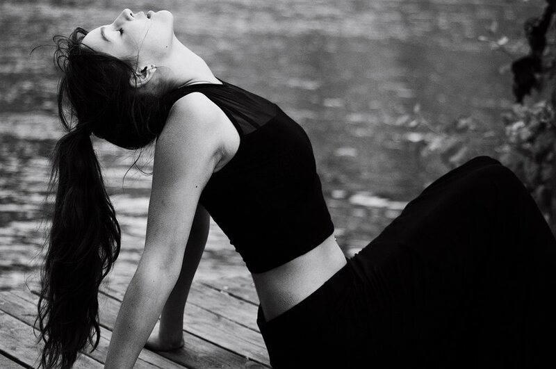 Woman in Yoga Pose — Black, Serene, Photograph