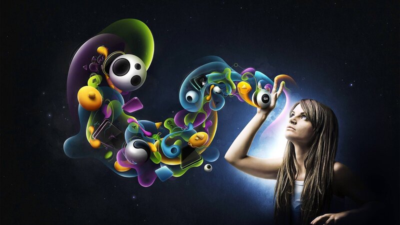 Woman Interacting with Digital Objects