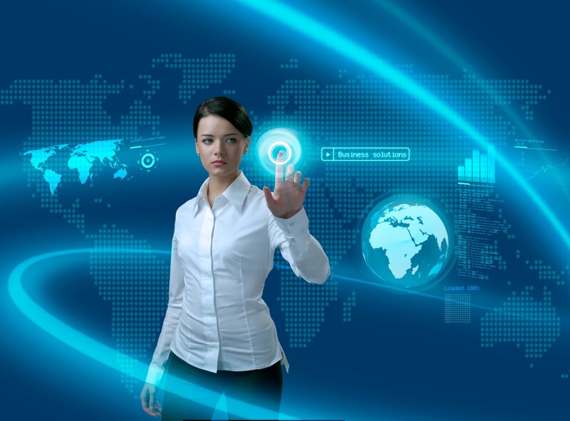 Woman Interacting with Hologram — Blue