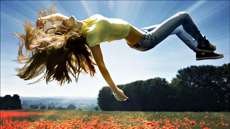 Woman Jumping in Field — Red, Dynamic, Afternoon