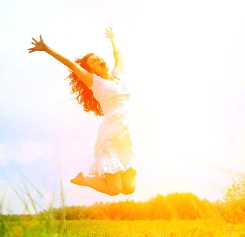 Woman Jumping in Field — Yellow, Joyful