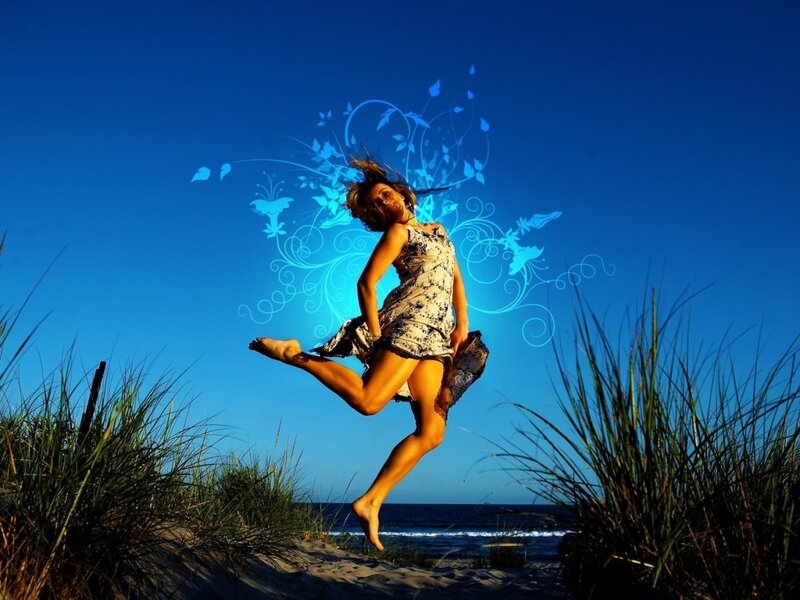 Woman Jumping on Beach — Blue, Dynamic, Afternoon