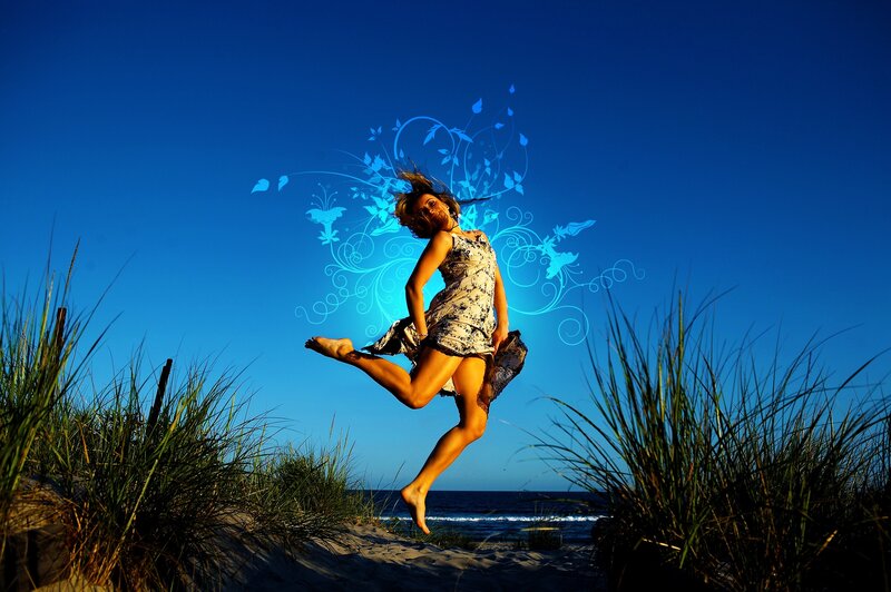 Woman Jumping on Beach — Blue, Dynamic, Sunset