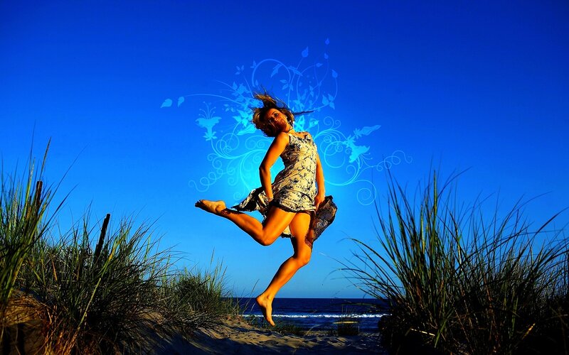 Woman Jumping on Beach — Blue, Dynamic